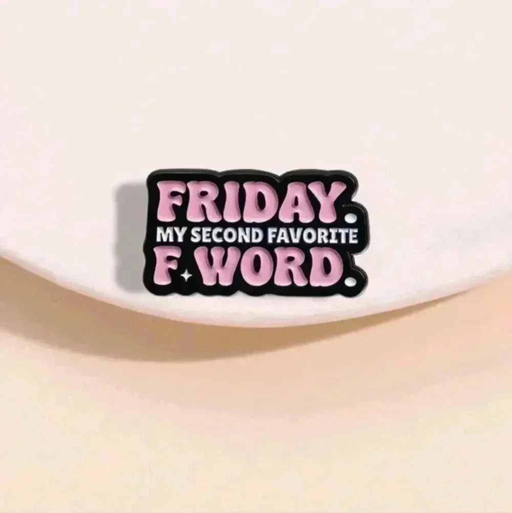 Pink and black enamel pin for backpacks clothing ladies metal funny Friday